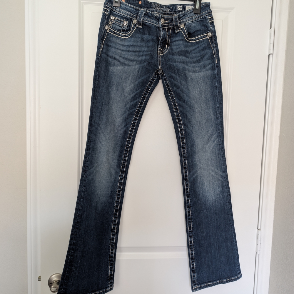 Miss Me Blue Boot Cut Jeans with Distressed Detailing